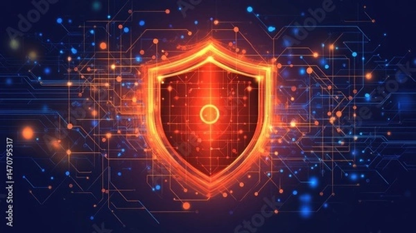 Fototapeta Digital shield graphic with glowing orange lines and dots representing data security on a dark blue background. Illustrating network protection and cyber safety.