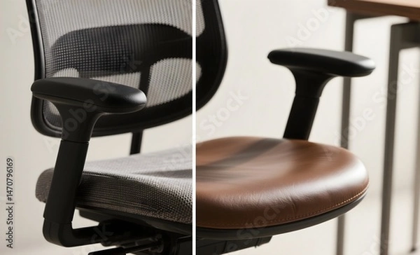 Obraz Office Desk Chair Comparison Showcasing Mesh Breathable Design Versus Leather Upholstery Close-up Detail