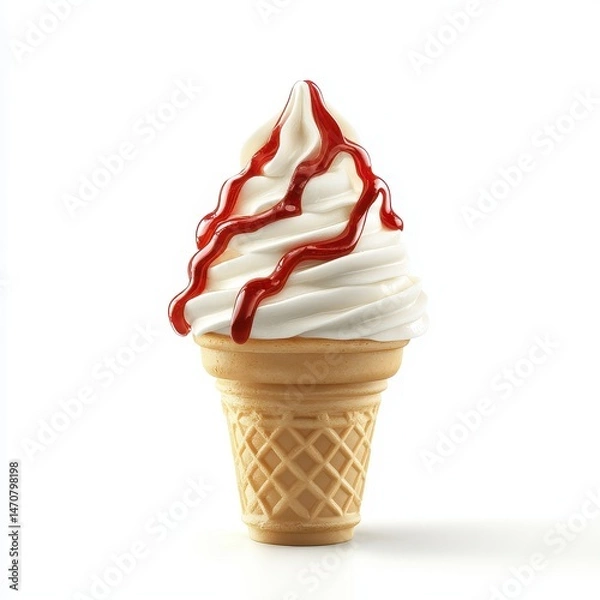 Fototapeta Vanilla ice cream cone with cherry sauce drizzle