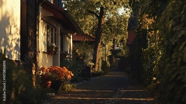 Fototapeta A sunlit pathway between buildings with plants and greenery