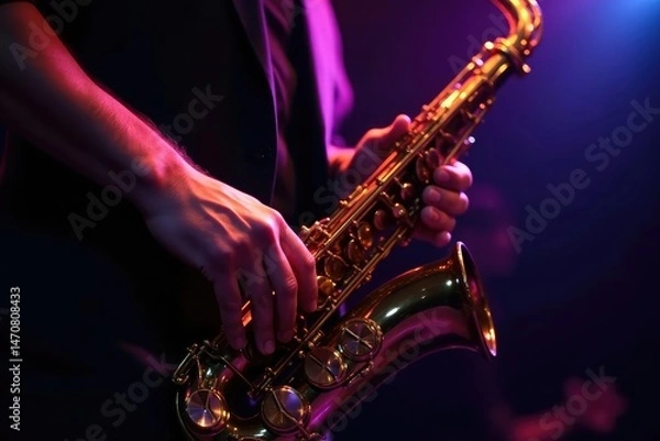 Fototapeta Close-up of a saxophone, gleaming under stage lights, ready to play , golden, musical, dark