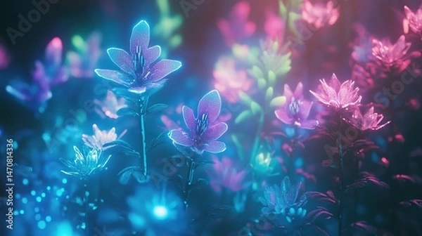 Fototapeta Enchanted, glowing flora in vibrant neon hues