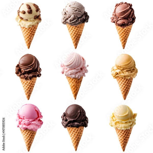 Obraz Ice Cream Cone PNG Bundle – Multiple Flavors, Isolated on Clear Background