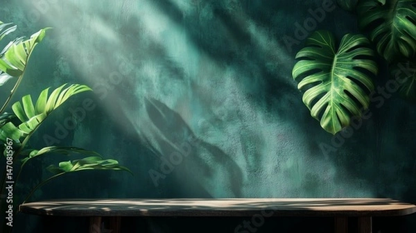 Obraz Minimalist dark green textured wall with monstera leaf shadows, elegant and modern background for branding and product display