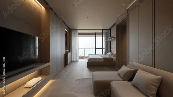 Fototapeta Compact minimalist space with a small gray couch, mounted TV, and built-in storage, accented with a neutral palette