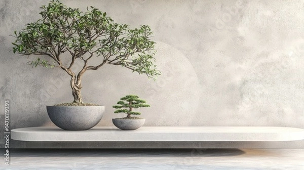 Fototapeta Tranquil Bonsai Trees on Minimalist Shelf in Modern Interior Space