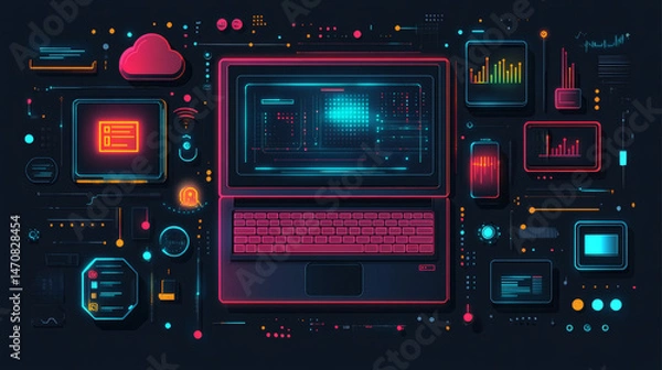 Fototapeta Digital computer and circuitry display with glowing neon aesthetic