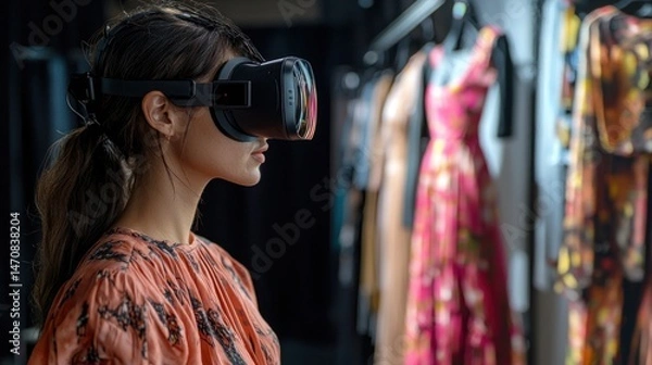 Fototapeta Woman in Virtual Reality Headset Exploring Fashion Display in Studio