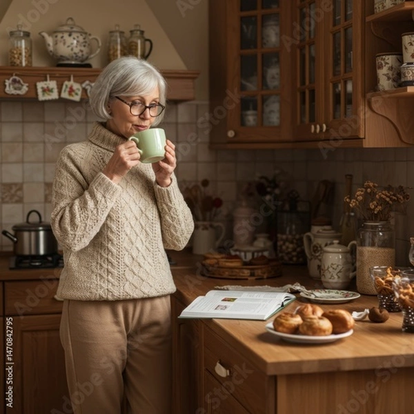 Obraz Senior Woman Enjoying a Warm Drink and Recipe Book in Cozy Kitchen