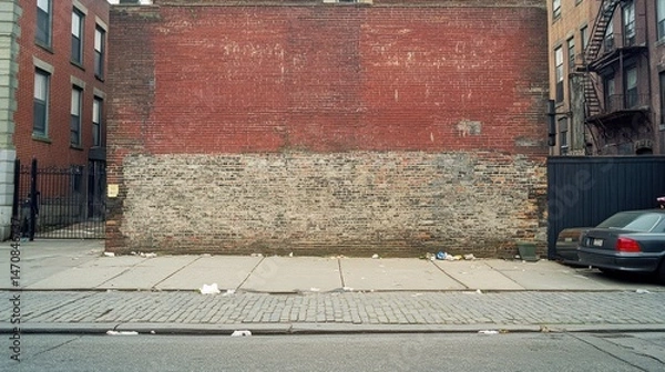 Fototapeta A brick wall in an urban setting with a sidewalk