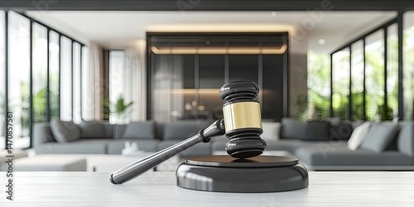 Fototapeta Gavel on a table in a modern home, symbolizing legal proceedings related to property