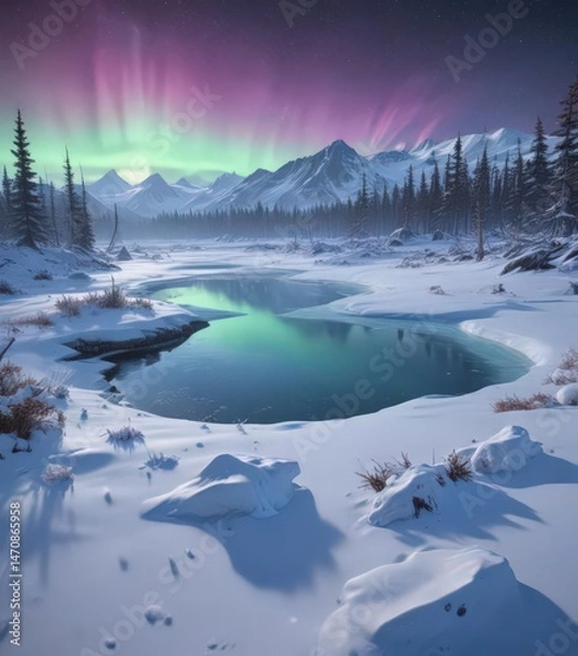 Obraz Snow-covered taiga, ice cap backdrop, ethereal aurora ,  northern lights,  trees