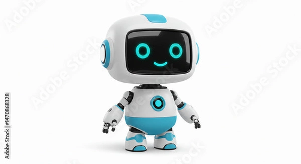Obraz 3D cute robot mascot with digital eyes, white and blue body, isolated on white background