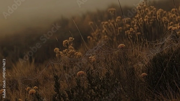 Obraz Misty morning in a field of dry,  golden grasses and small wildflowers.  Delicate spiderwebs glistening with morning dew