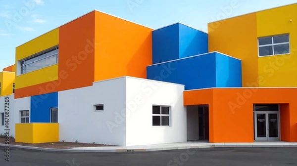 Obraz Vibrant Modern Building with Bold Color Blocking and Geometric Design