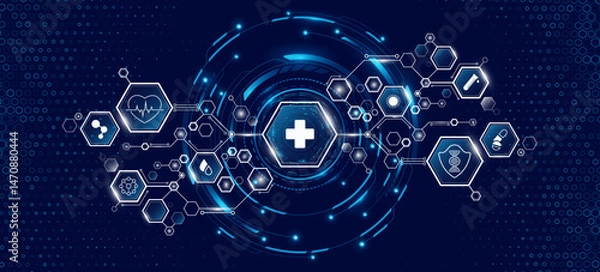 Fototapeta Abstract connected hexagons with health care icons and HUD circle on blue backdrop. Medical technology research presentation backdrop. Digital health insurance concept and access to welfare. Vector