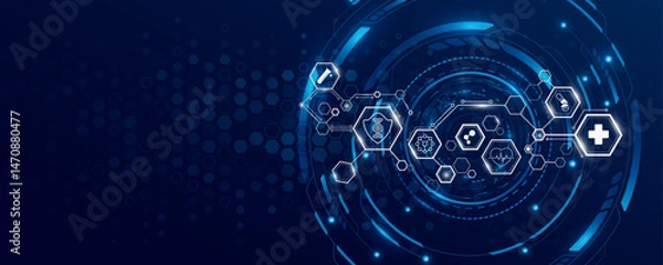 Fototapeta Abstract connected hexagons with health care icons and HUD circle on blue backdrop. Medical technology research presentation background for online webinar. Digital health insurance concept. Vector