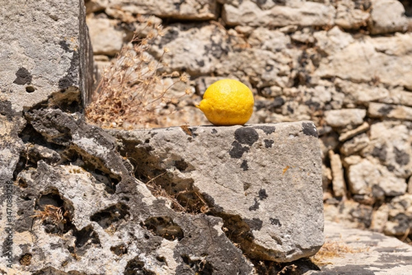 Fototapeta Lemon on Sunlit Stone Surface. Single ripe lemon resting on a weathered stone in Zakynthos, Greece, bathed in warm Mediterranean sunlight.