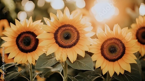 Fototapeta Three vibrant sunflowers in a field at sunset