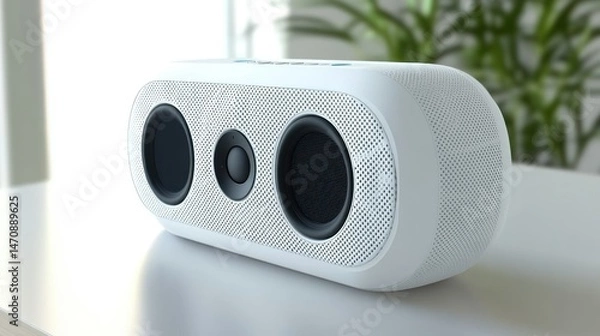 Fototapeta A modern white portable speaker device sitting on a table top