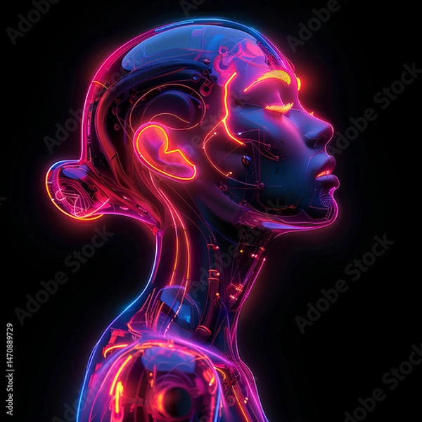 Obraz Futuristic woman with neon VR headset and glowing wires – sci-fi cyberpunk concept art