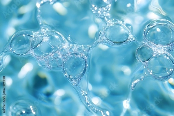 Fototapeta Close-up of translucent soap bubbles on a light blue background with a soft, abstract texture