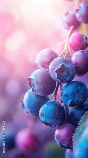 Fototapeta Close Up of Fresh Blueberries on a Branch with Soft Pink Background