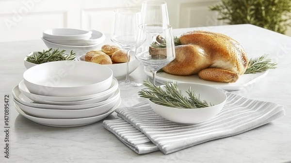 Fototapeta White dinnerware set with roasted chicken and appetizers on a marble countertop