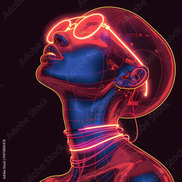 Obraz Futuristic woman with neon VR headset and glowing wires – sci-fi cyberpunk concept art