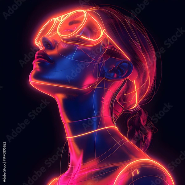 Obraz Futuristic woman with neon VR headset and glowing wires – sci-fi cyberpunk concept art