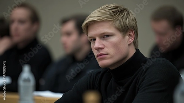 Fototapeta Young man focused in a lecture hall
