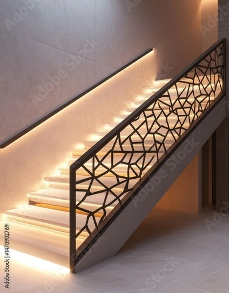 Fototapeta Modern staircase with geometric patterned railing and illuminated steps