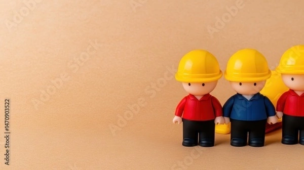 Fototapeta Three Miniature Construction Workers on Tan Background