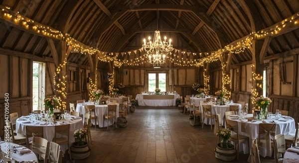 Fototapeta Wedding Reception in Rustic Barn with Fairy Lights