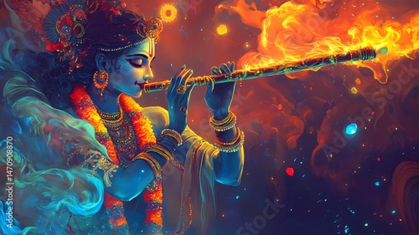 Fototapeta A divine illustration of lord krishna playing the flute, symbolizing peace and spirituality, set against a glowing background. [Toxic Carnival] | Glow Clown | burning cheer. Illustration