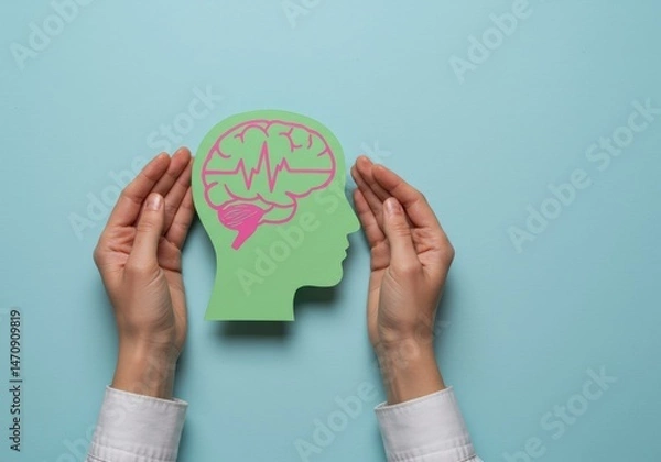 Fototapeta Hands cupping a green silhouette of a head with a brain, representing mental clarity.
