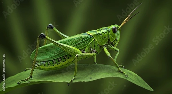 Obraz Vibrant Green Grasshopper on Leaf