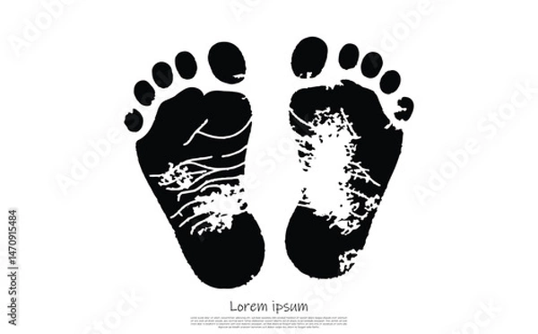 Fototapeta Textured Footprints Isolated on White, Human Bare Footprint Stamp, Black Ink Prints