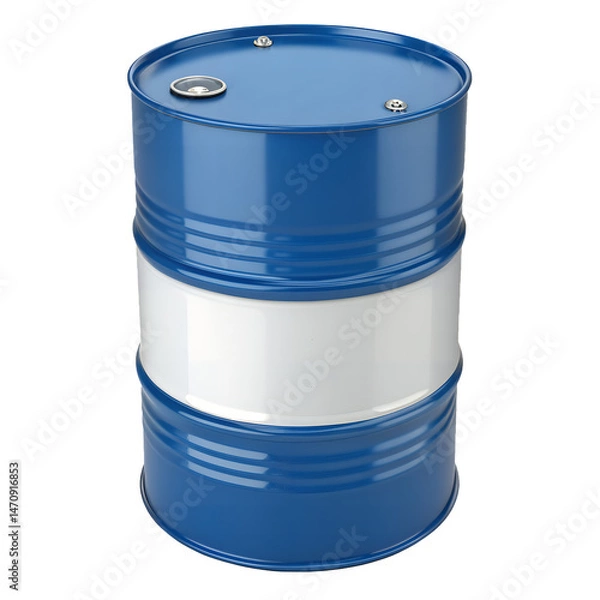 Fototapeta Blue Metal Drum: A sleek, blue, industrial metal drum with a white band stands tall, showcasing its practical and robust design.