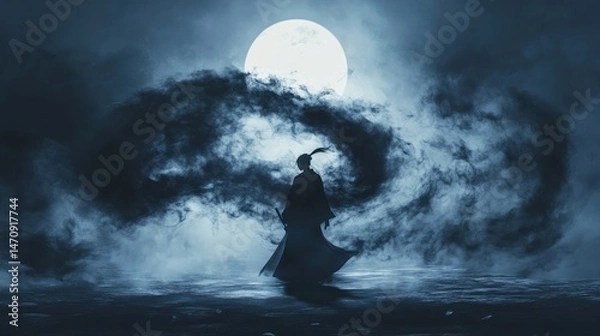 Fototapeta Mysterious figure in silhouette against a full moon backdrop