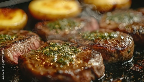 Fototapeta Sizzling steaks and potatoes on a hot grill.  Close-up view of perfectly seared steaks, seasoned with herbs and spices