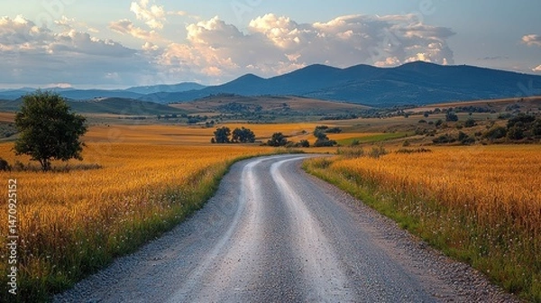 Fototapeta Country road through golden fields, mountains in the background