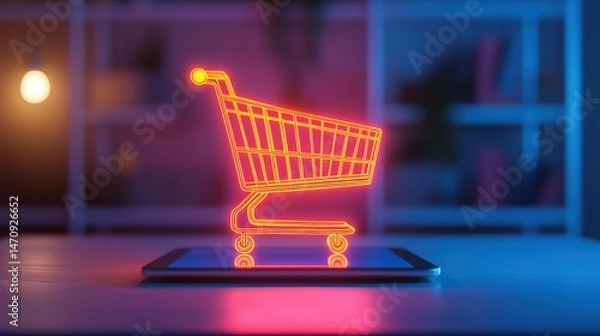 Fototapeta Neon Shopping Cart Illustration on Tablet in Modern Digital Environment for E-commerce Concepts