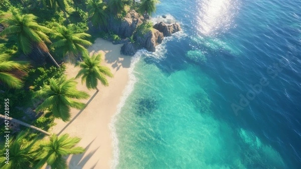 Fototapeta Aerial view of pristine beach, turquoise waters lapping against white sands, surrounded by lush greenery, ideal for relaxation.
