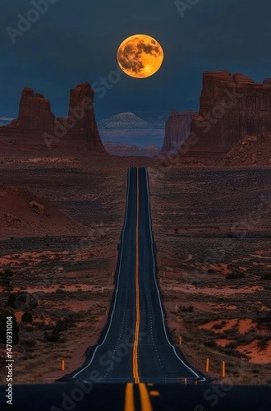 Obraz Empty road leading to a large orange moon over a desert landscape