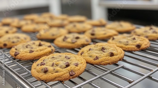 Fototapeta Deliciously baked chocolate chip cookies lined up and displayed
