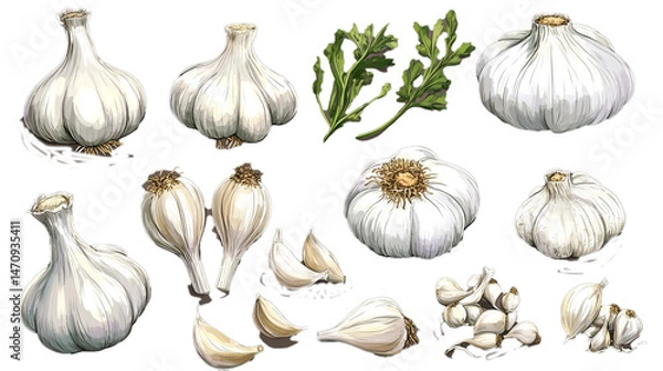 Fototapeta Doodle garlic sketch set in vector stock illustration 