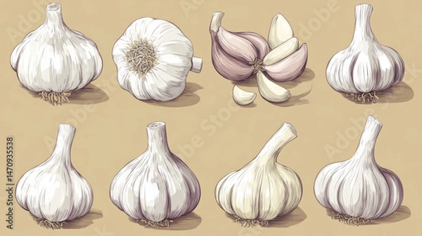 Fototapeta Doodle garlic sketch set in vector stock illustration 