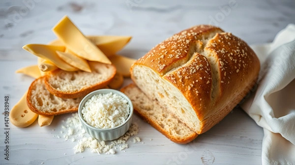 Obraz tavolo della cucina con pane  farina e spighe di grano