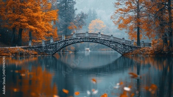 Obraz Autumnal stone bridge over calm lake, colorful trees